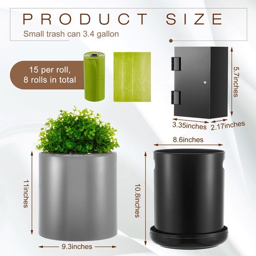 Jingmore 2 Pcs Dog Poop Waste Trash Can with Lid and Bag Wall Mount Dispenser with 8 Rolls Doggie Storage Outdoor Plant Style Bin Container for Bedroom Decorative(Grey)