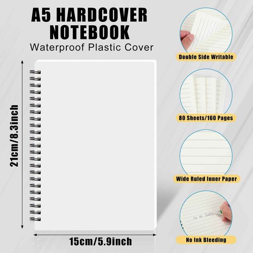 Dunzoom 12 Pack Lined Paper Spiral Notebook 5.9 x 8.3 Inches Journal White Notebook A5 160 Pages 80 Gsm Thick Plastic Cover Hardcover Notepad Waterproof Cover for Home Office Business