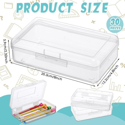Patelai 30 Pcs Large Capacity Pencil Case Bulk Clear Hard Plastic Pencil Box Organizer with Snap Tight Lid Stackable Crayon Storage Box for Kids School Classroom Home Office 2 Style (Transparent)