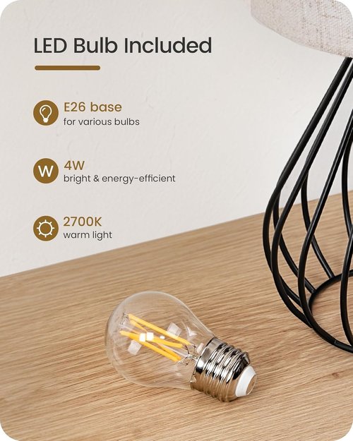 Regine Switzerland Black Table Lamp - Modern Metal Cage Design with Linen Shade | Cozy Nightstand Light, 2700K LED Bulb Included