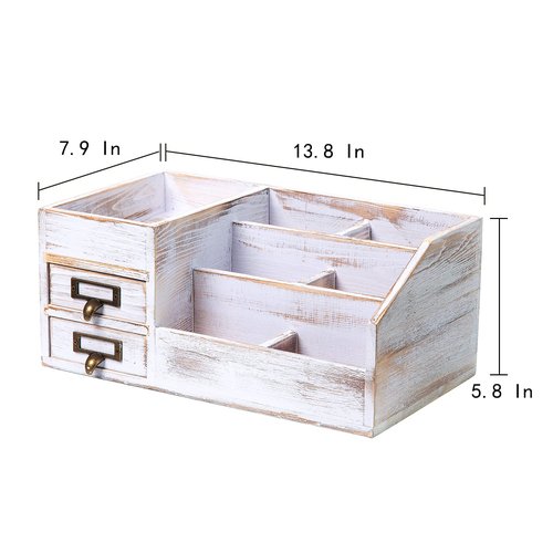 Distressed Rustic Wooden Office Desktop Organizer Shelf Tabletop Home Organizer Storage with Multiple Compartments 2 Tier Drawers perfect Jewelry storage Display Box for Desk Vanity (Washed white)