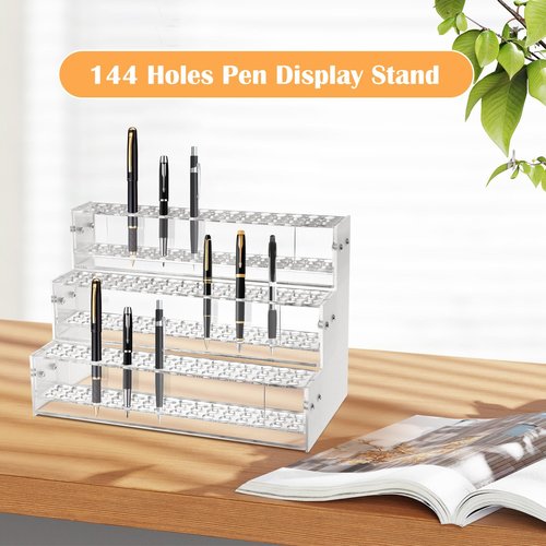YWJLQH Makeup Paint & Brush Organizer Rack Pen Display Stand, Multi-Level Plastic Organization Rack Pencil Holder, Clear Pen Display Holder 3 Layer 144 Holes for Craft Shows