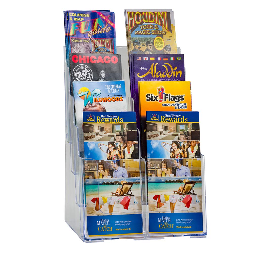 Azar Displays, 252377, Clear Four-Tier Eight-Pocket Trifold Brochure Holder, Document Holder Desk Organizer for Countertop or Wall Mount Menu Holder Display Stand for Flyers, Leaflets and Pamphlets