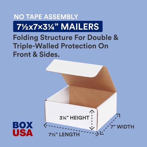 BOX USA Small Shipping Boxes 7.5"L x 7"W x 3.25"H, 50-Pack | Cardboard Box Crush-Proof Carton for Mailing, Storing, Package, Gifts, Crafts, Business or Home, White