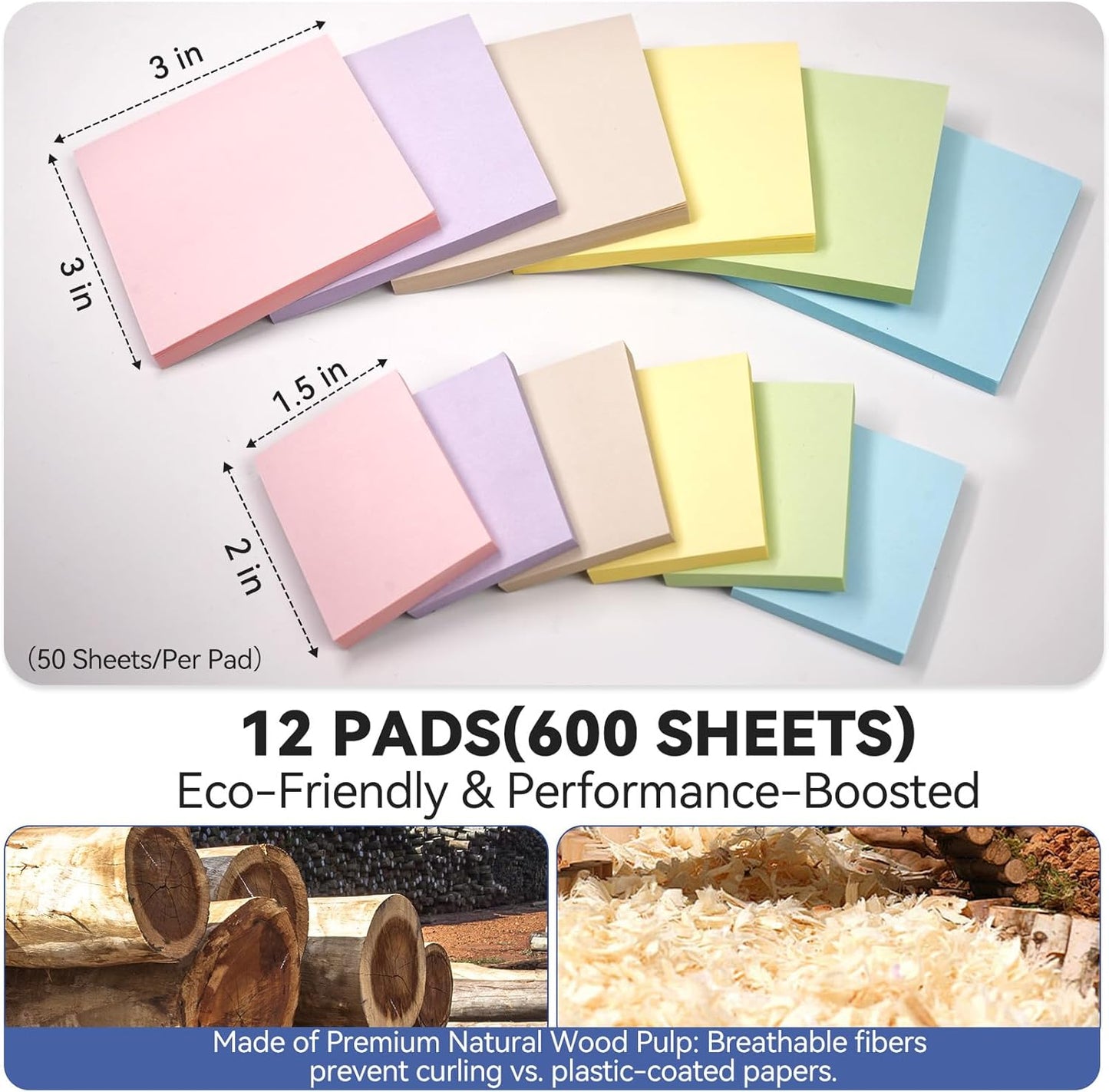 (12 Pack) Sticky Notes 3x3 + 1.5x2 in Small Sticky Note, Self-Sticky Note Pads | Sticks Strong & Removes Clean | Recycled Paper Cute Sticky Notes to School Supplies, Office Products, 6 Colors