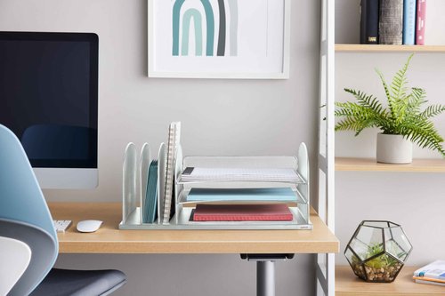 Safco Onyx Desk Organizer with 3 Horizontal and 3 Upright Trays, Durable Steel Construction, Silver