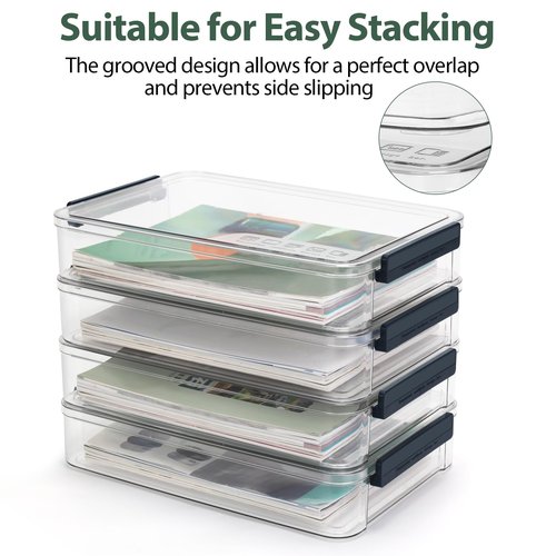 AZFUNN 5.5qt 9 x 13 Plastic Portable Project Case with Lids – Clear Stackable Craft Organizer Box Storage Bins for A4 Paper, Documents, Scrapbook, Art Supplies, Photo