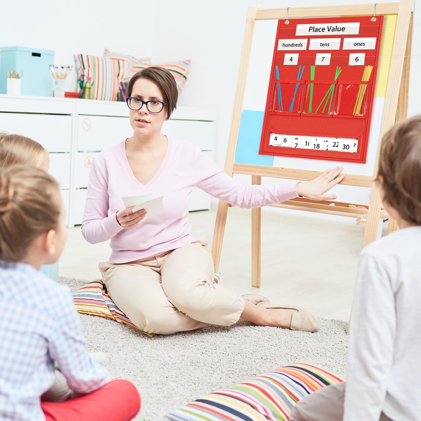 AUVCAS Place Value Pocket Chart & Counting Caddie - Math Manipulatives for Kindergarten, Preschool & Homeschool Classroom (Includes 210 Straws, 30 Number Cards & 4 Headers) - Red