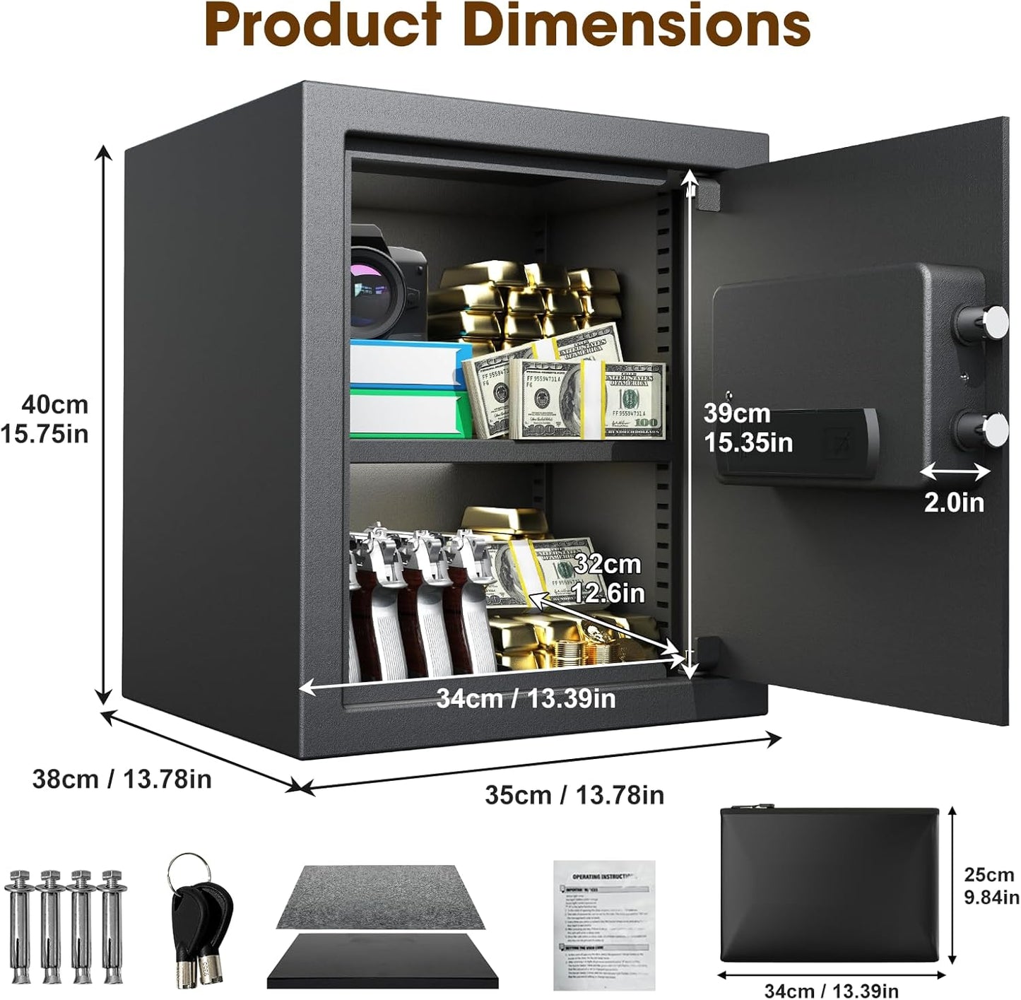 <1.6 cu.ft.>Goldenkey Digital Safe with Electronic Keypad, Document Safe with Removable Shelf, Personal Safes Box Perfect for Guns, Laptop for Home, Office, Hotel, 11.81"D x 14.96"W x 11.81"H