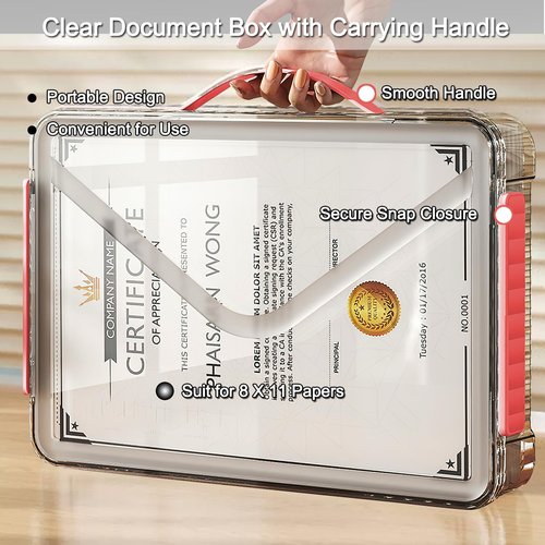Lemical Clear File Box with Lids Portable Project Case for Storage A4 File Folder Box Stackable Storage Containers for Organizing 8.5 X 11 Paper, Magazines, Stamps, Photos, Cards (Red)
