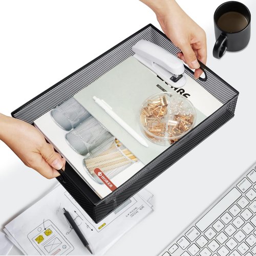 Neudeco Desk Drawer Organizer with 6 Adjustable Dividers, Metal Pen organizer for desk drawer,Mesh Office Desk Drawer Organizer Tray for office supplies (Pack 4, Black)