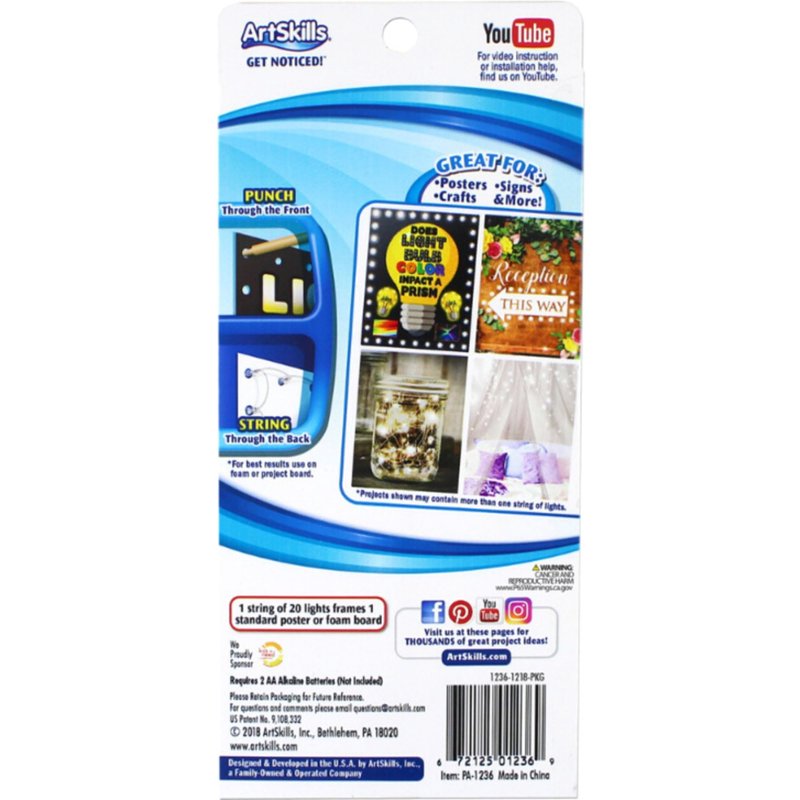 ArtSkills White Poster Lights, Poster Board Decorations, Sign Making & Science Fair Board Supplies, Battery-Operated String Light Kit, 20 Lights