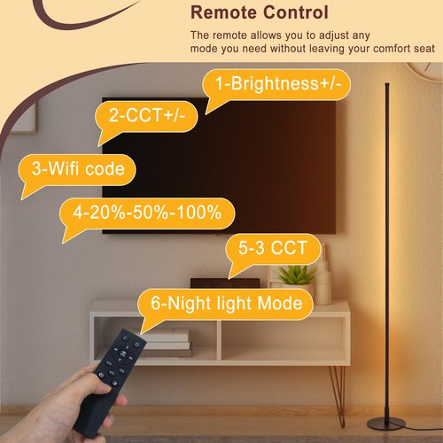 38°GARDEN Modern Floor Lamps for Living Room, 56" LED Black Corner Lights with Remote, Dimmable, Floor Standing Lamp for Bedroom Home Office