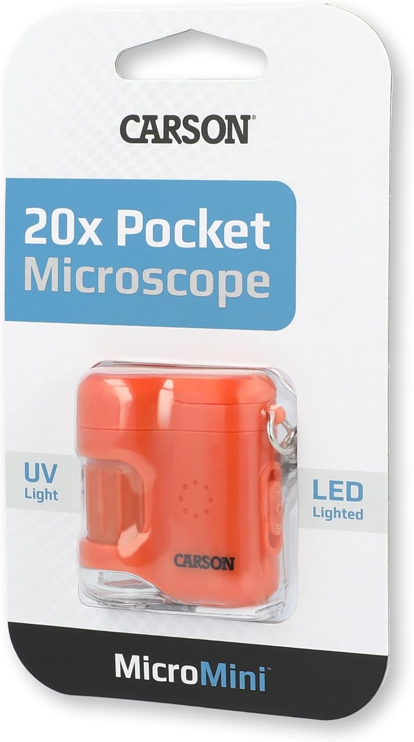 Carson MicroMini 20x Pocket Microscope - Lighted with UV & LED Flashlight, Orange (MM-280O)