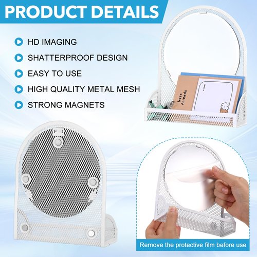 Weysat Set of 5 Magnetic Locker Accessories Mirror with 2 Magnetic Pen Holder and 2 Wire Mesh Storage Basket for Students Back to School Locker Organizer for School Office(White)