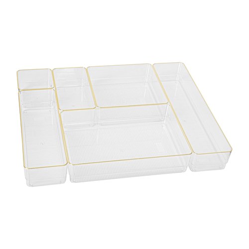 Martha Stewart Kerry Plastic Stackable Office Desk Drawer Organizers, Set of 6, with Gold Trim