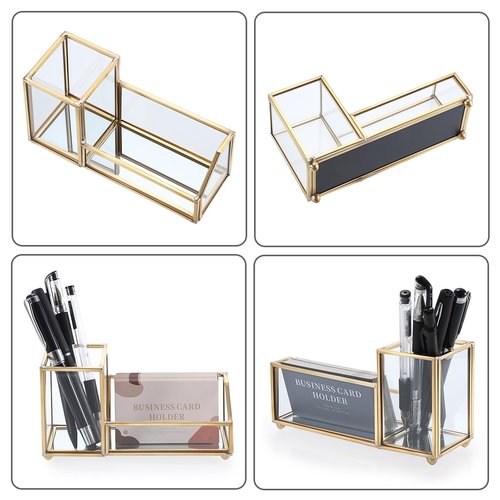 Hipiwe Glass Business Card Holder with Pen Pencil Holder Cup Gold Metal Name Card Display Organizer Desktop Business Card Storage Case for Office Desk, 2 Slots