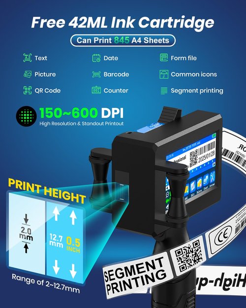 BESTECCT Portable Handheld Inkjet Printer Gun-0.5 Inch Nozzle for Logo/Batch Number/QR Code on Any Surface (Metal,Wood,Glass,Cloth,Carton) with Quick-Drying Ink & Multi-Language Support