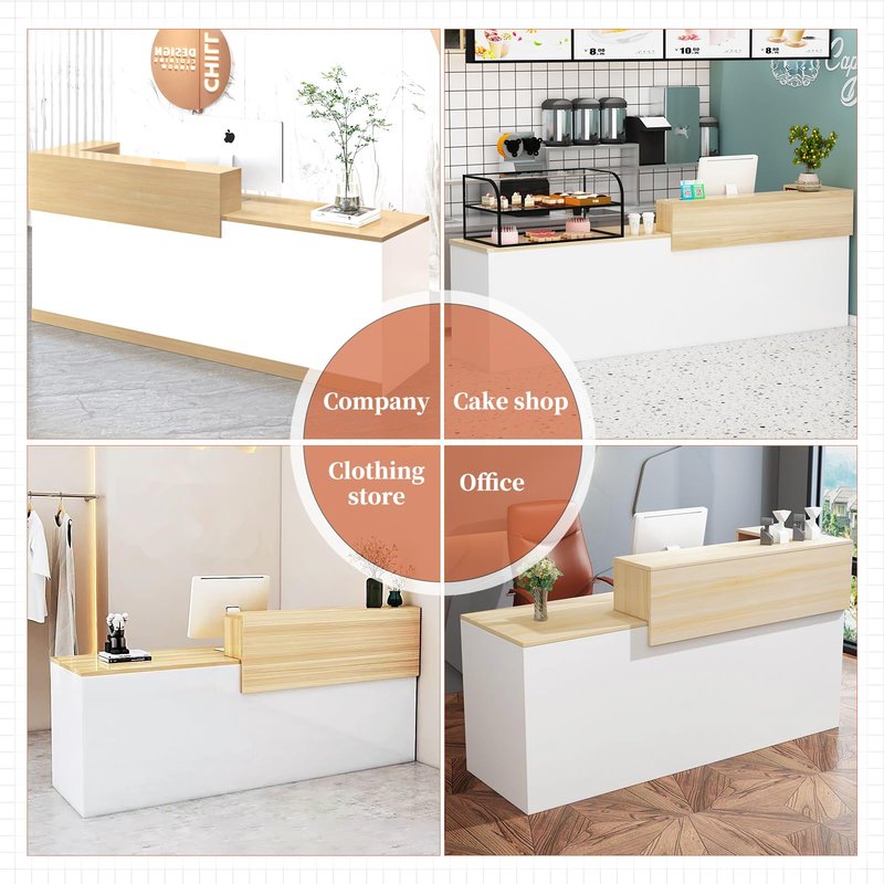 LSZMXI Modern Reception Desk with Drawer & Open Shelves, 39-95 Inch Front Counter Table, Computer Workstation Suitable for Salons, Offices, Lobbies, Retail Stores and Home Offices