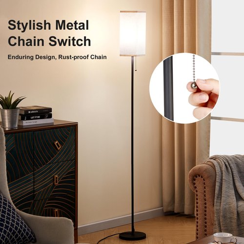 Ziisee Floor Lamps for Living Room, Modern Standing Lamp with Pull Chain Switch, 3 Color Temperature Black Pole Lamp with Lampshade, 9W LED Bulb Tall Lamps for Bedroom Office Kid Room
