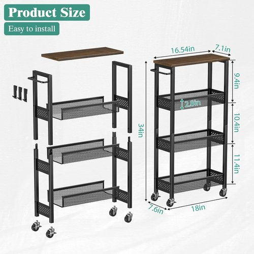 Giwil Slim Rolling Storage Cart - 4-Tier Bathroom Organizer with Wood Top & Handle | Black