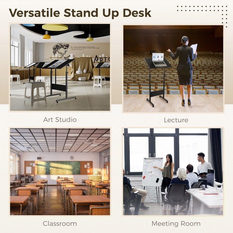Joyoolife Mobile Podium, Adjustable Standing Desk with Caster Wheels, Adjustable Height 360° Swivel Desktop, Versatile Podium Laptop Desk Stand Up Desk Easel Presentation Lectern (Black)
