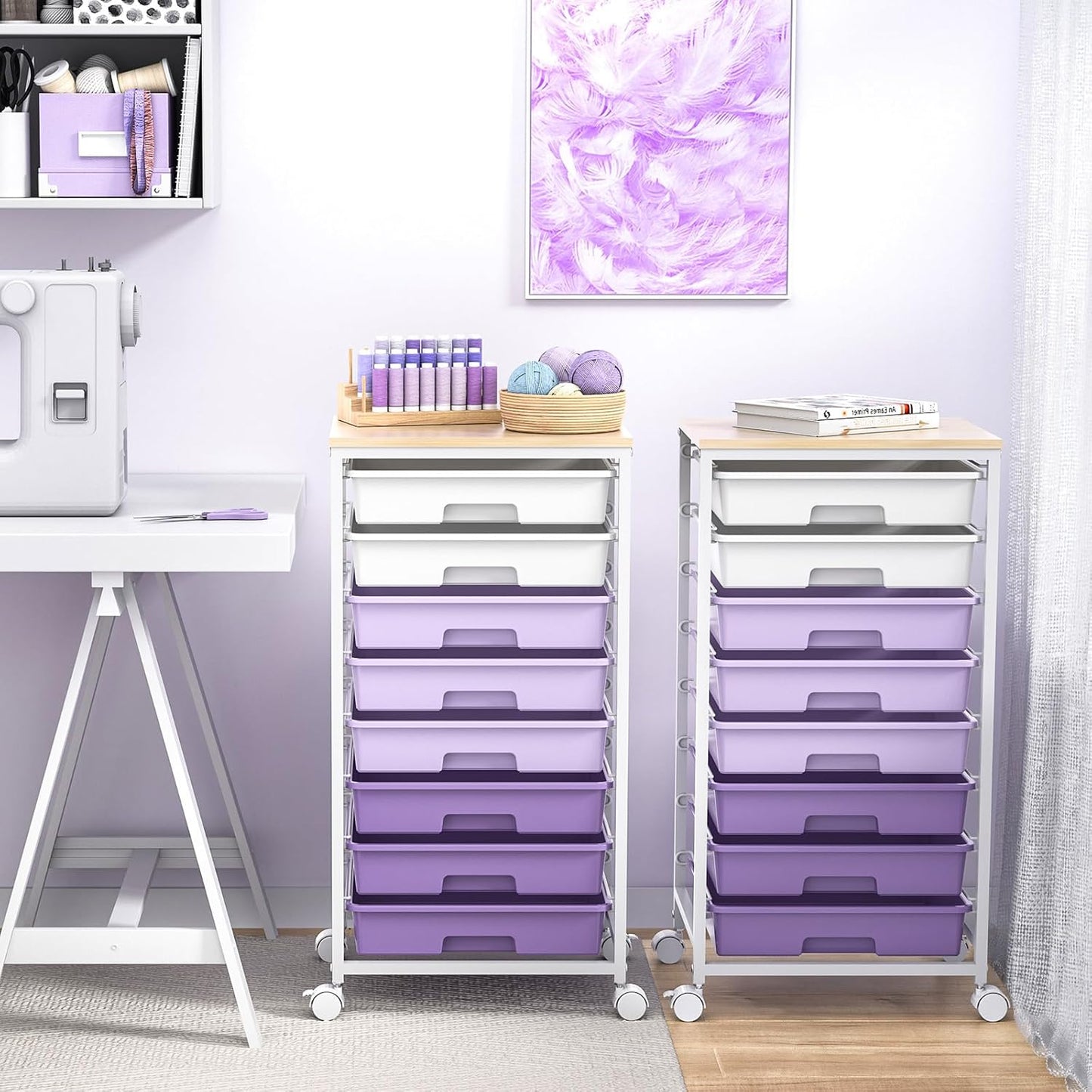 SYKIARIOL Rolling Utility Cart - 8 Drawer Storage with Wooden Tabletop for Home & Office | Purple