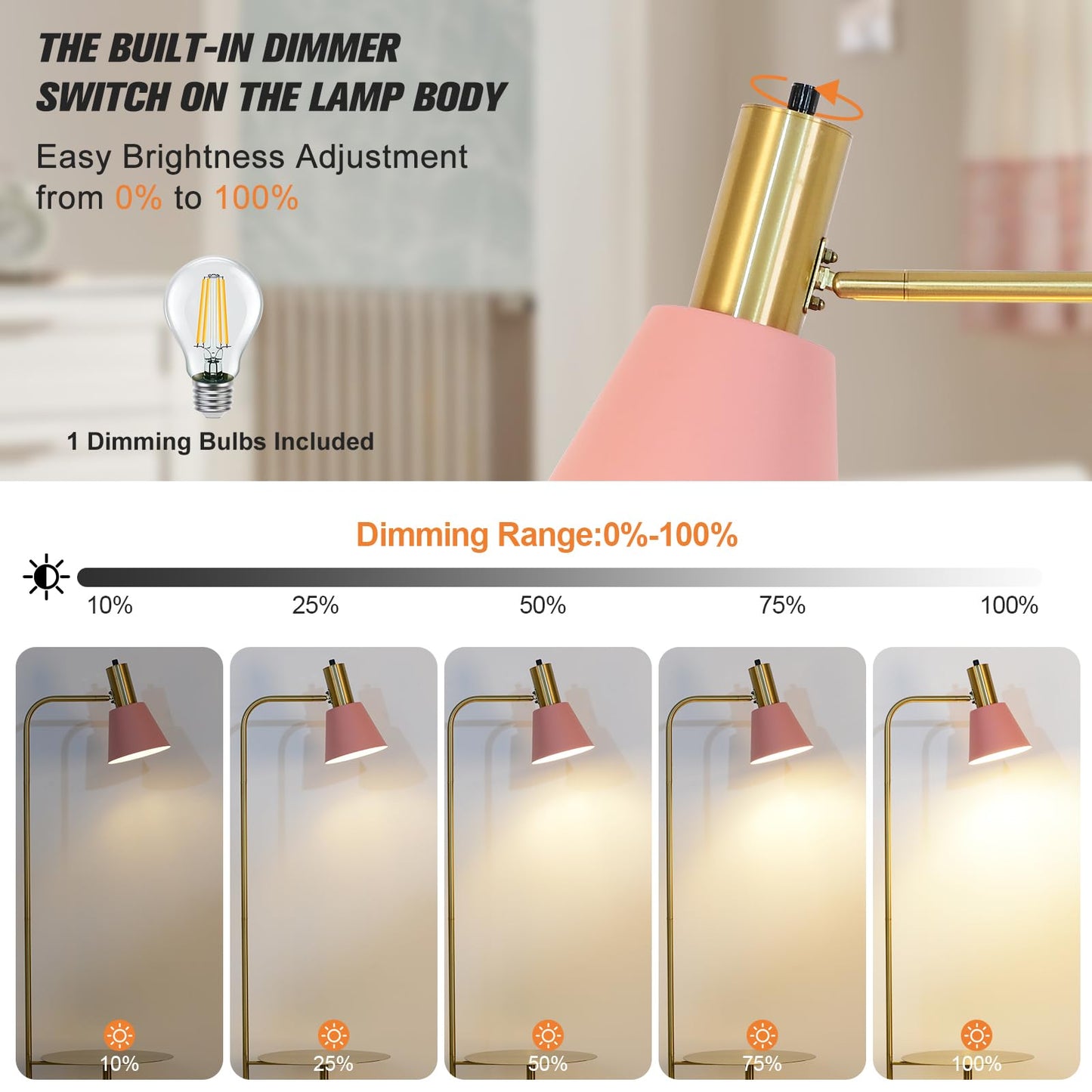Hsyile Contemporary Modern Creative Floor Lamp with a Table,Suitable for Living Room,Den,Office,Bedroom - Standing Lamp Tall Floor Lamp - Brushed Brass Finish and Pink Lampshade