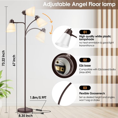 Coucrek Floor Lamp for Living Room, Adjustable Gooseneck Standing Lamp with White Plastic Shade, Brown Reading Floor Lamps for Dorm, Bulb not Included