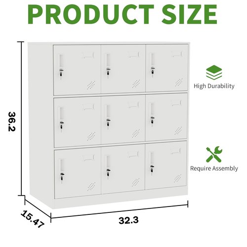 WISUNO 9 Doors Metal Lockers for Employees, Steel Storage Locker with Lock and Card Slot,Lockable Office Metal Storage for School Office Gym Bedroom,Garage (White)