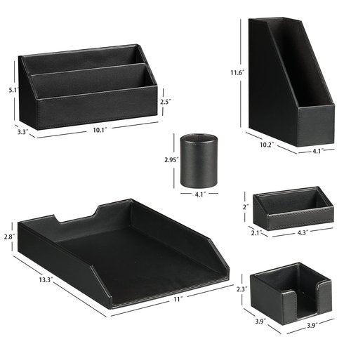 Ayunga PU Leather 6-piece Office Supplies Combination Set,Pencil Cup,Business Card Holder,Sticky Note Dispenser,Mail Sorter,Letter Tray,Files Holder,Suitable for Self-use and Friend Gifts(Black)