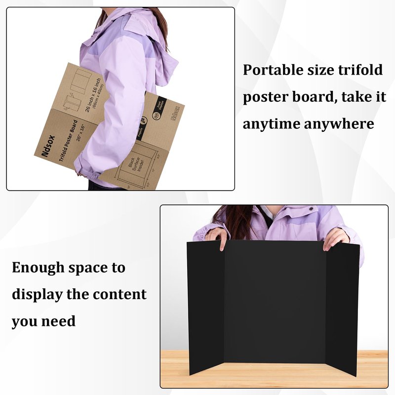 Ndsox 6 Pack 26" x 16" Black Trifold Poster Board Medium Size Corrugated Cardboard Science Fair Display Boards for School Projects, Business Presentations, Event Displays, and Art Exhibitions