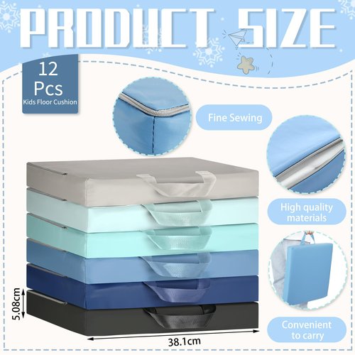 Riakrum 12 Pcs Floor Cushions Classroom, 15 Inch Flexible Floor Seating with Handle for Kids Waterproof Soft Foam Square Cushions Seating for Classroom Home School Kindergarten