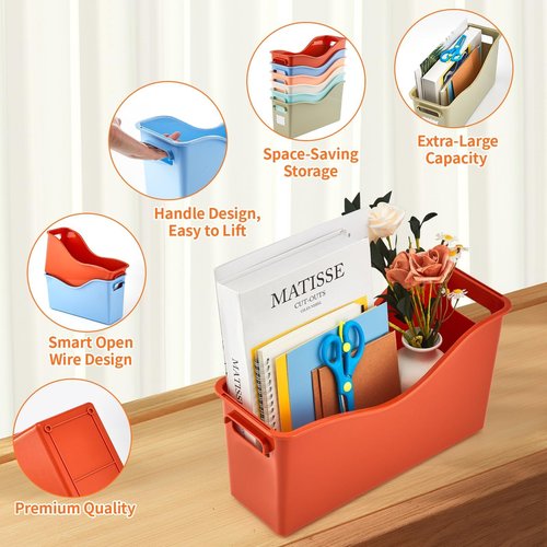 6 Pack Plastic Book Bins for Classroom with Labels 11.8×3.5×7.1 in Boho Magazine File Binder Holder Organizer Basket Storage Box for Library Home Office Teacher Supplies School Classroom