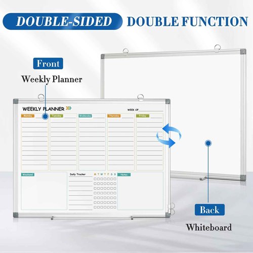 WALGLASS Weekly Dry Erase Calendar Whiteboard for Wall, 24" x 18" Double-Sided Weekly Planner White Board with Notes, Daily Tracker, Aluminum Framed Hanging & Wall Mount for Home, Office, School