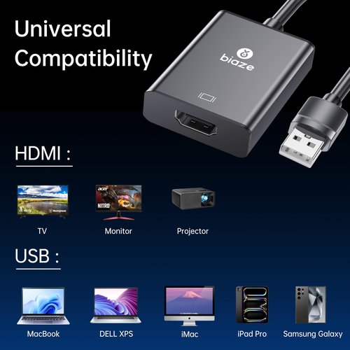 biaze USB to HDMI Adapter, 4K@60Hz HDR for Laptop/PC/TV/Monitor/Projector, Plug and Play, HD Audio Video Transfer, Compatible with Windows/Mac/PS5/Xbox(USB to HDMI Adapter)