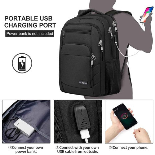 Liokesa Travel Laptop Backpack, 17.3 Inch Large Backpack for School, Business Laptop Backpack with USB Charging Port, Anti Theft Water Resistant College Computer Bag Daypack for Men Women, Black