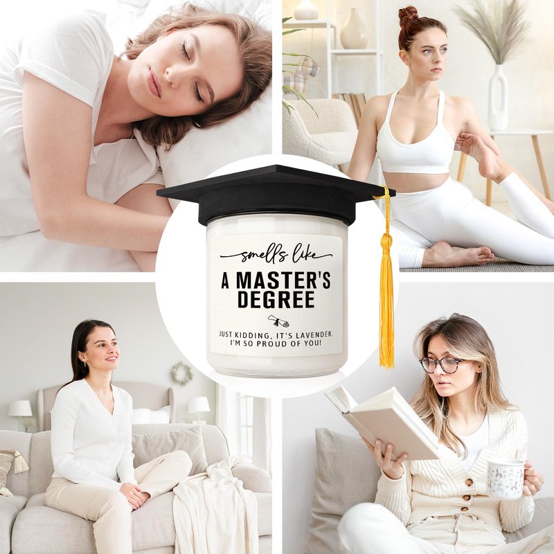 Musaecoin Masters Degree Graduation Gifts- Funny Masters Degree Candle with Mortarboard- Graduation Gift for Her/Him/Graduates, Grad Gift for Women/Men, Lavender, Soy Wax