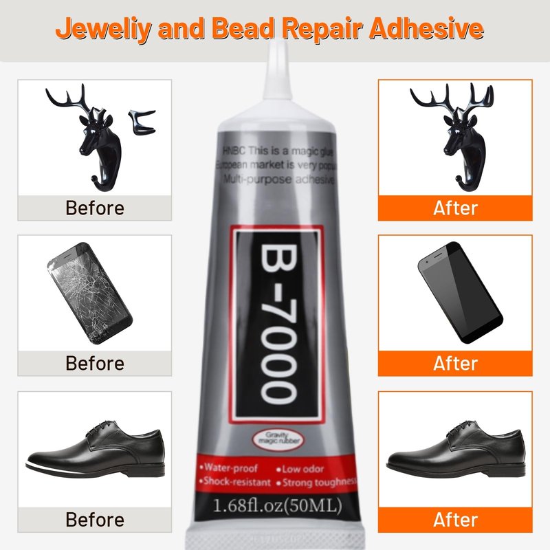 B-7000 Clear High-Viscosity Glue - Perfect for Rhinestones, Jewelry, Beads | Ideal for Fabric, Shoes, Clothes, Phone Screens, Metal, Stone, Nail Art, Glass (4X15ML/0.5oz)