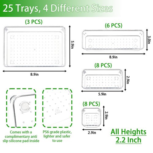 Yieach 25 Pc Clear Plastic Drawer Organizer Set,4 Sizes In Drawer Organizer Trays for Bathroom,Office,Kitchen Cabinet and Vanity Organizers,Desk Drawers Organizer Bin for Jewelry,Cosmetic,Utensil,Junk