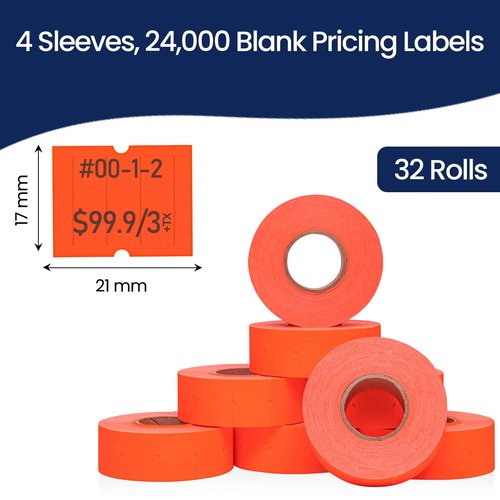 Perco 2 Line Fluorescent Red Labels - 32 Rolls, 4 Sleeves, 24,000 Blank Price and Date Gun Labels for Perco 2 Line Price and Date Guns - Made in USA
