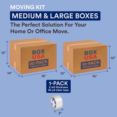 BOX USA Small House Moving Boxes Kit - 30 Cardboard Boxes (2 Sizes) & 1 Packing Tape Roll | Medium & Large Packing Boxes for Moving, Packaging, Storage & Shipping