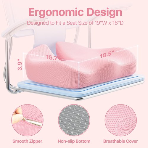 CJACSOC Seat Cushion, Extra Large Memory Foam Cushion for Office Chair Cushions, Ergonomic Cushions Pad Pillow for Pressure Relief Sciatica & Pain Relief for Long Sitting, Pink