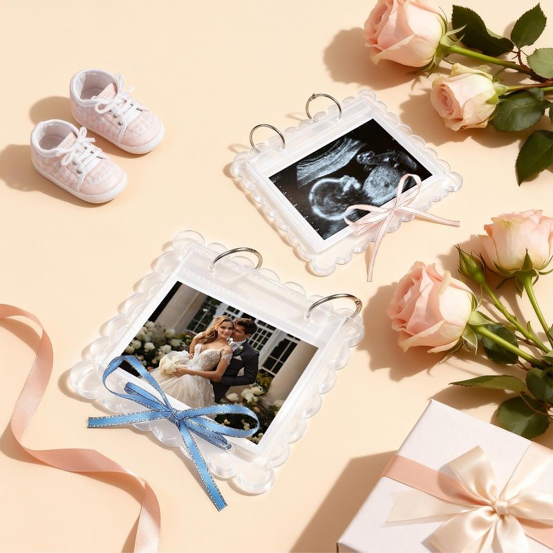 Flip Ultrasound Photo Album with Stand, Refillable Flip-Through Display for 3x4 Pictures, Acrylic Scalloped Cover, Pregnancy Gift for New Parents (Small)