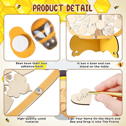 Chunful 83 Pcs Bee Baby Shower Guest Book Alternatives Set Baby Shower Decorations with 1 Wooden Welcome Sign, 60 Wood Slices, 20 Bee Decor and 1 Ballpoint Pen for Birthday Party