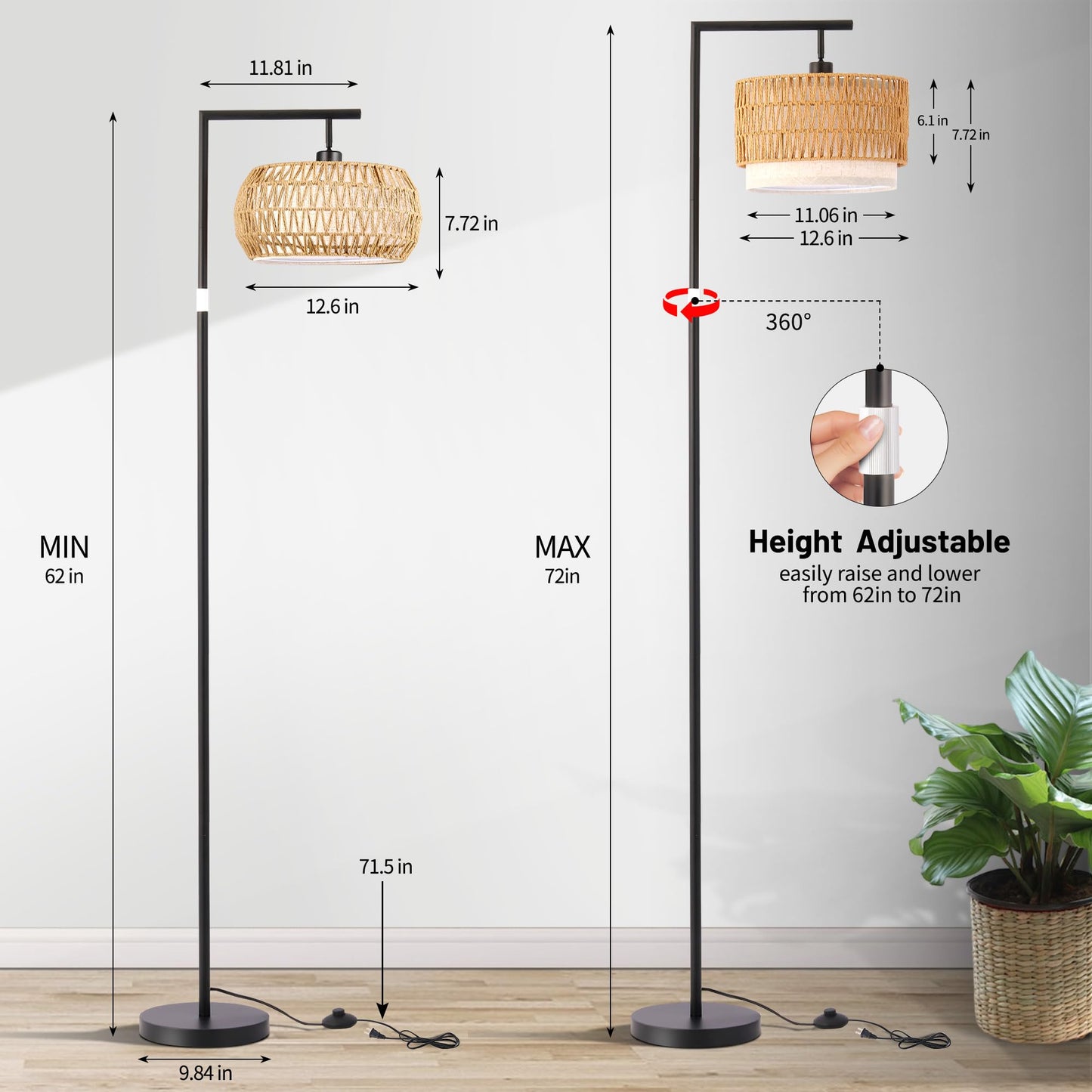 MHYFYH Boho Rattan Floor Lamp, Adjustable Height Bohemian Floor Lamps, Dimmable Standing Lamp with Remote Control, Rustic Lighting for Living Room, Bedroom, or Office (Brown, Round)