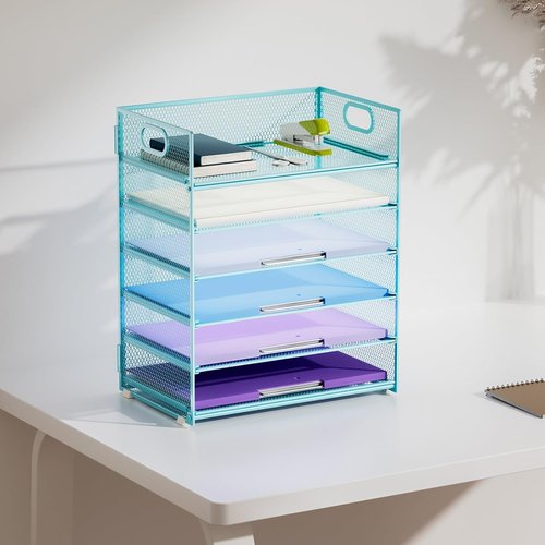 Marbrasse 6-Tier Paper Organizer | Mesh Desk File Holder with Handle for Letter/A4 Folders - Blue