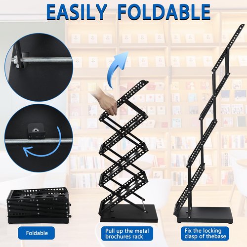 ZLDYPINK Brochure Display Stand Foldable Magazine Rack, Metal Brochure Holder Literature Rack with Carrying Bag, 4 Pockets Literature Stand for Exhibition Trade Show and Office Retail Store, Black