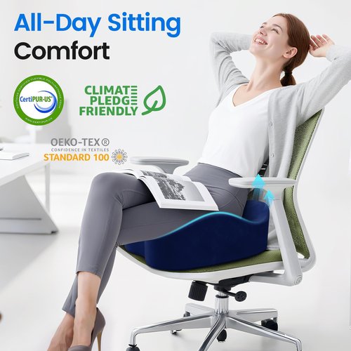 SofterCharm Seat Cushion with Carry Handle, Memory Foam for Tailbone/Sciatica Easing, Chair Cushions for Cars, Desks, Office Chair Cushion with Non-Slip Design, Ideal for Post-Surgery Recovery (Blue)