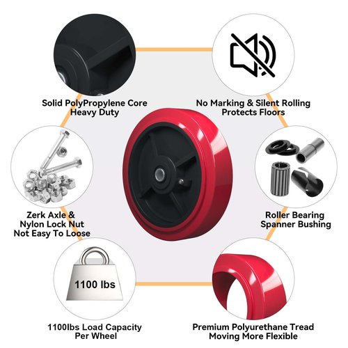 LONGRUNFORU 8" x 2" Caster Wheels, Polyurethane on Polyolefin core Wheel with Roller Bearing- 1/2" Bore - Set of 4 Heavy Duty Caster Wheel with 4400 lbs Capacity (4 Pack)